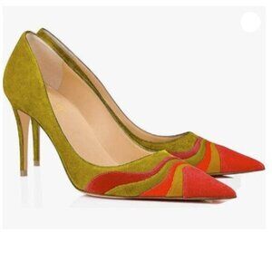 FOWT Women Kitten Pumps High Heel Pointed Toe Pump Slip-on Rainbow Shoes Red